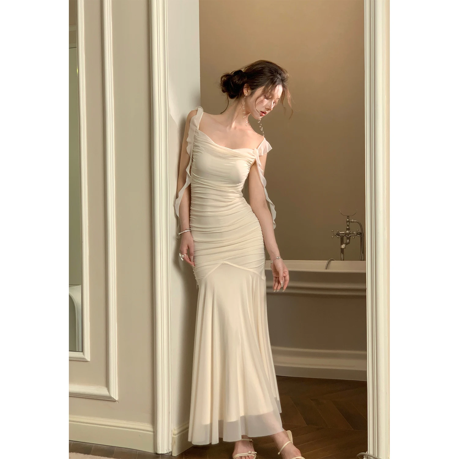 المرأة عالية الخصر مطوي سليم صالح الدانتيل السباغيتي فستان بحزام مثير Bodycon أكمام حورية البحر فساتين شبكية مساء ملابس للحفلات #3