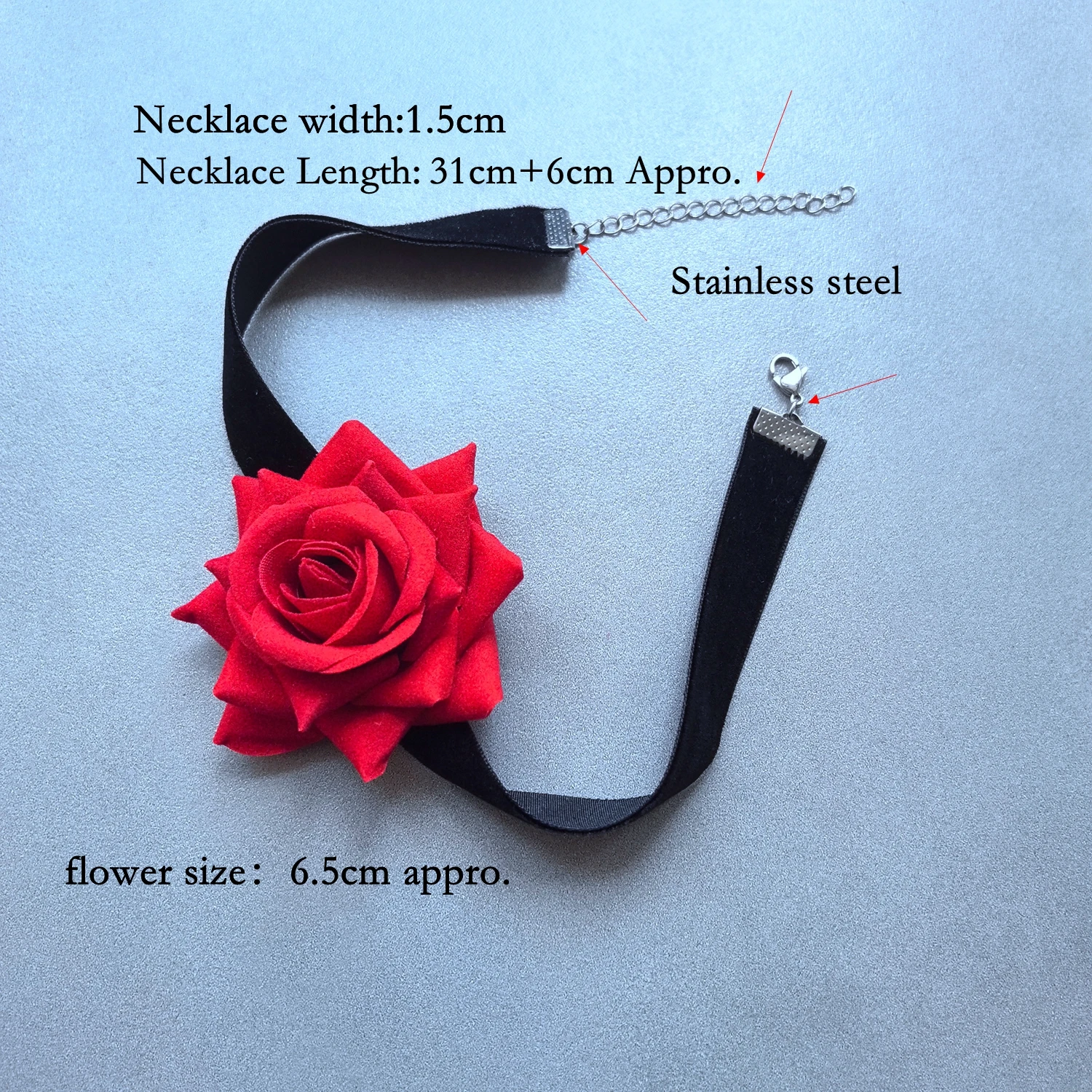 1pcs Red Velvet Rose Flower Choker Necklace Stainless Steel Neck Circel For Women and Girls in Party