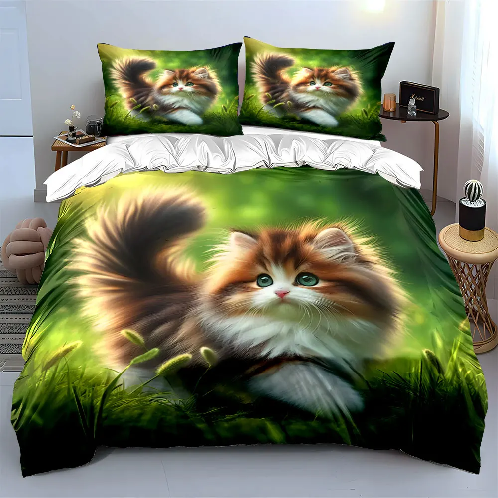 3pcs Fluffy kitten walking on grass Print Soft Comfortable Duvet Cover Bedding Set Included 1*Duvet Cover  2*Pillowcases