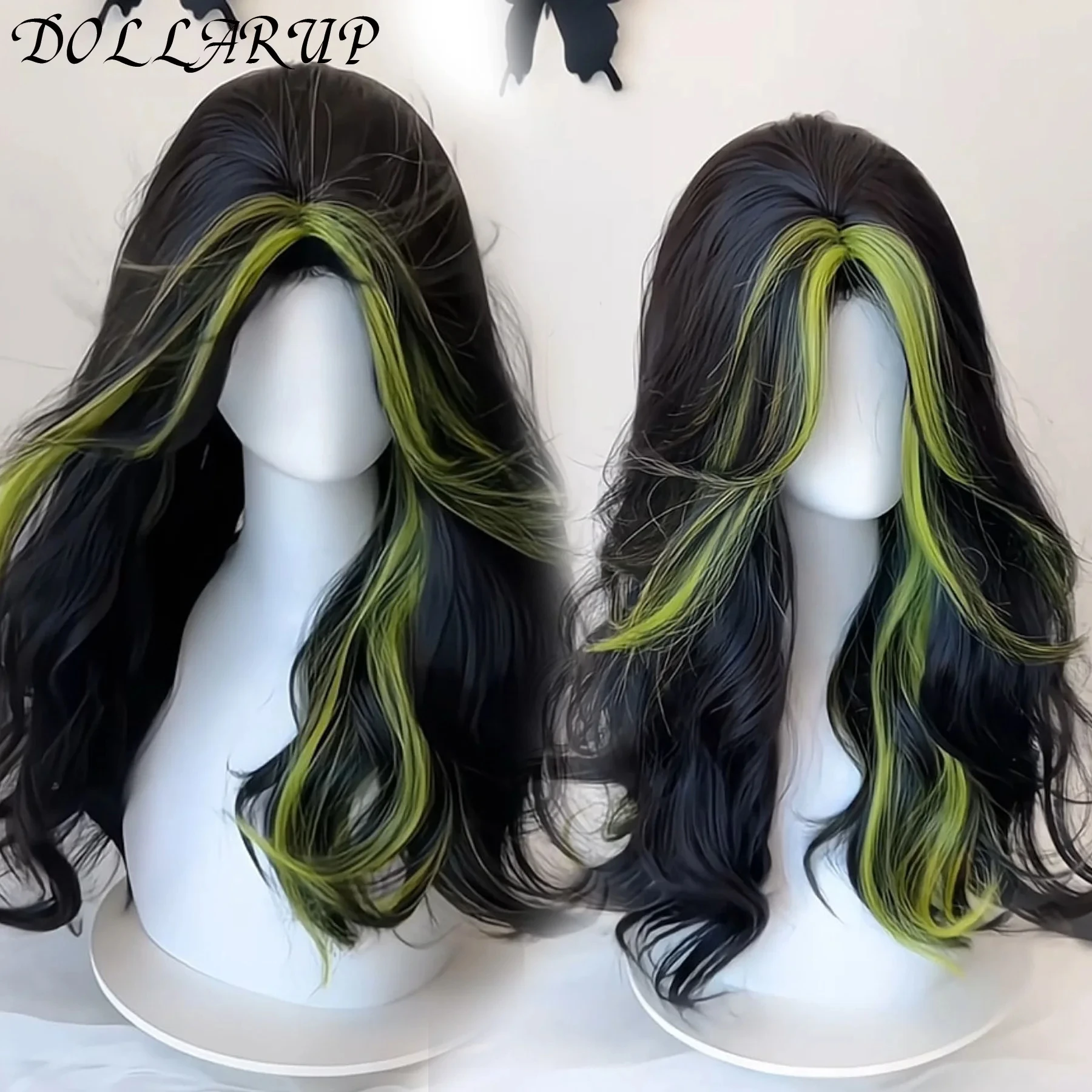 JKL Synthetic Wig Full Head Female Black And Green Highlights Long Curly Lizard Green Bangs Dyed In Big Waves Party Daily Wear W