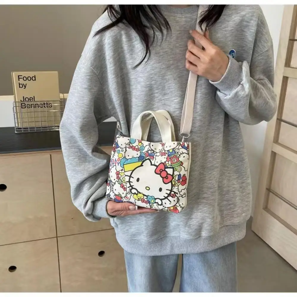 Kawaii Sanrio Hello Kitty Canvas Bag Cartoon Cute Portable Shoulder Bag Large Capacity Crossbody Bag Mobile Phone Bag Girl Gifts