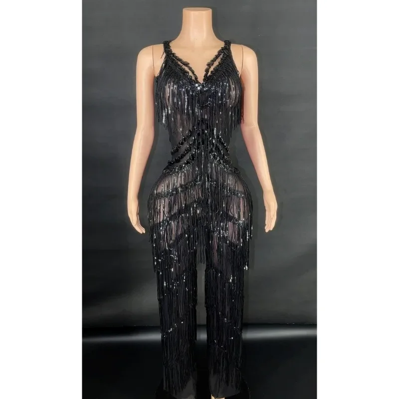 

customized black tassel mesh jumpsuit Latin dance dress performance costume talent show salsa women's clothing latin dance suit