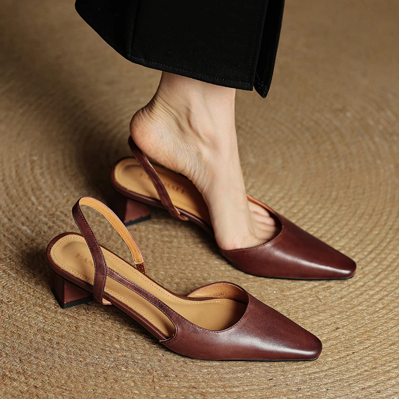 2026 new spring summer women sandals natural leather 22-25cm cowhide+pigskin square toe back-strap thick heel women shoes