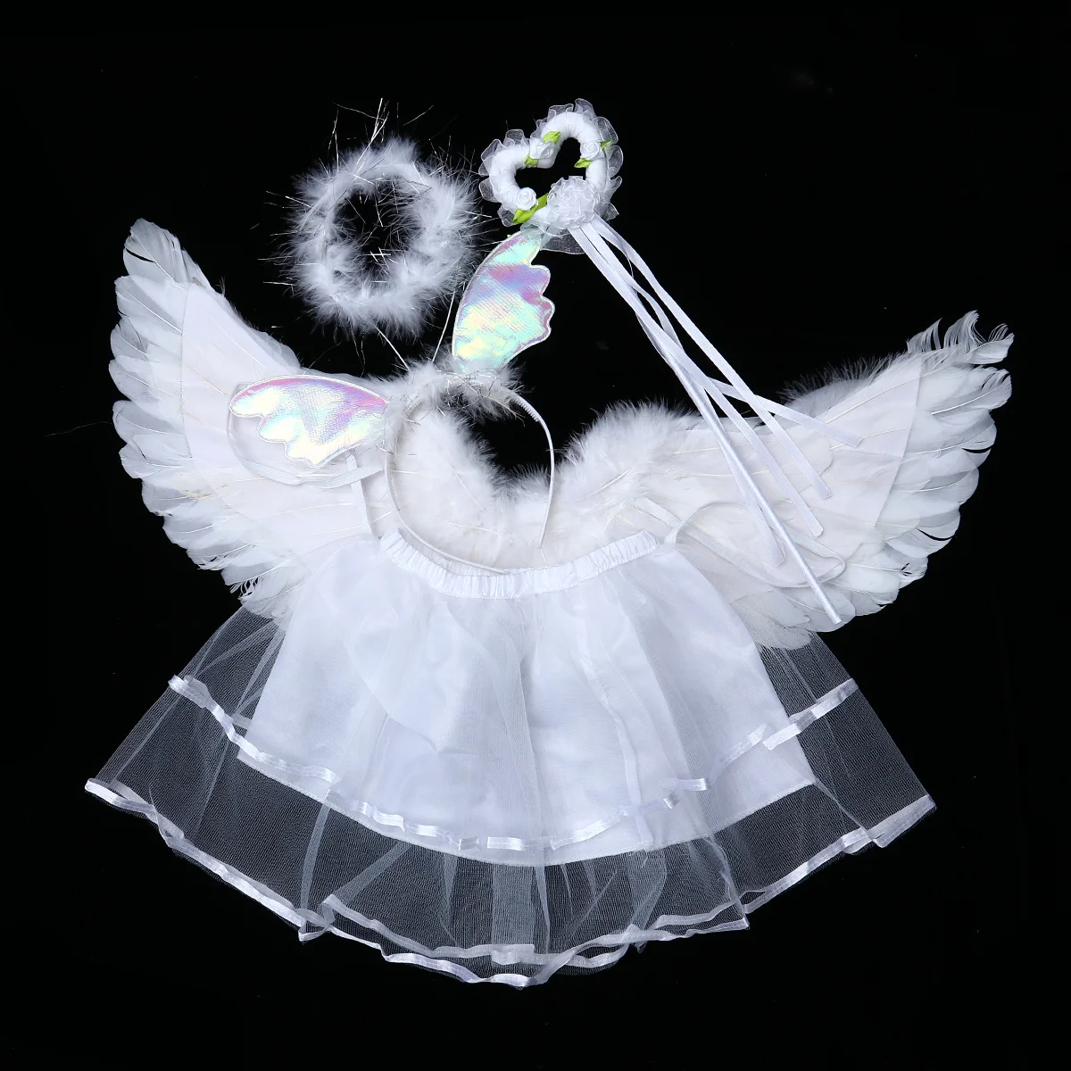 Ensemble d'ailes d'ange pour Costume de fée, 4 pièces, avec jupe Tutu, pince à cheveux, baguette, tenue de spectacle de fête, vacances