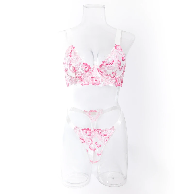 Bikini fashion embroidered floral ultra-thin mesh three-piece bra and thong sexy lingerie set