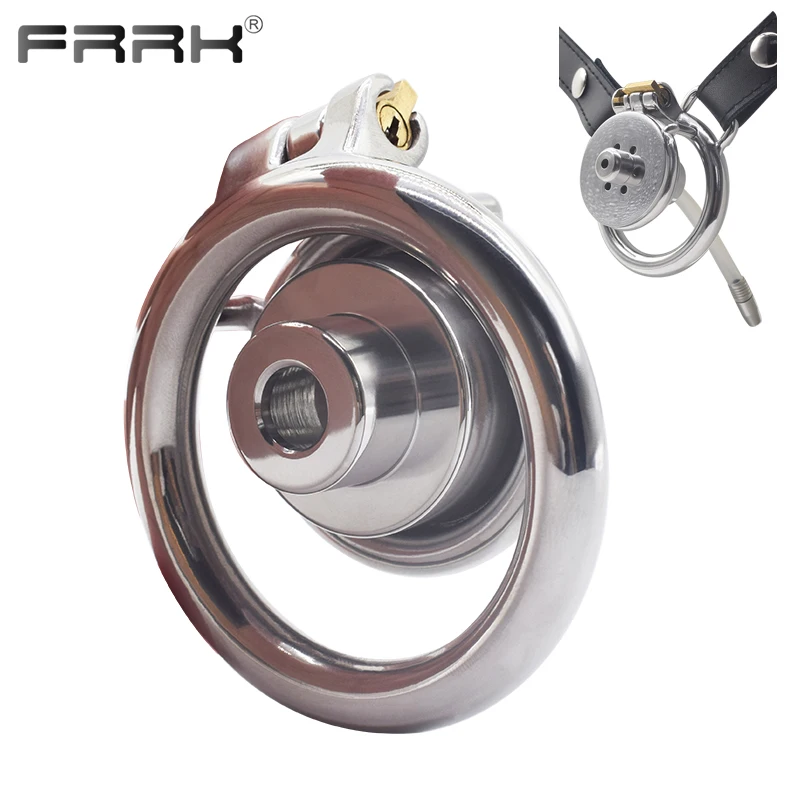 FRRK Small Short Negative Chastity Cock Cage Device with Cylinder Inverted Steel Penis Rings Flat BDSM Sex Toys for Adults