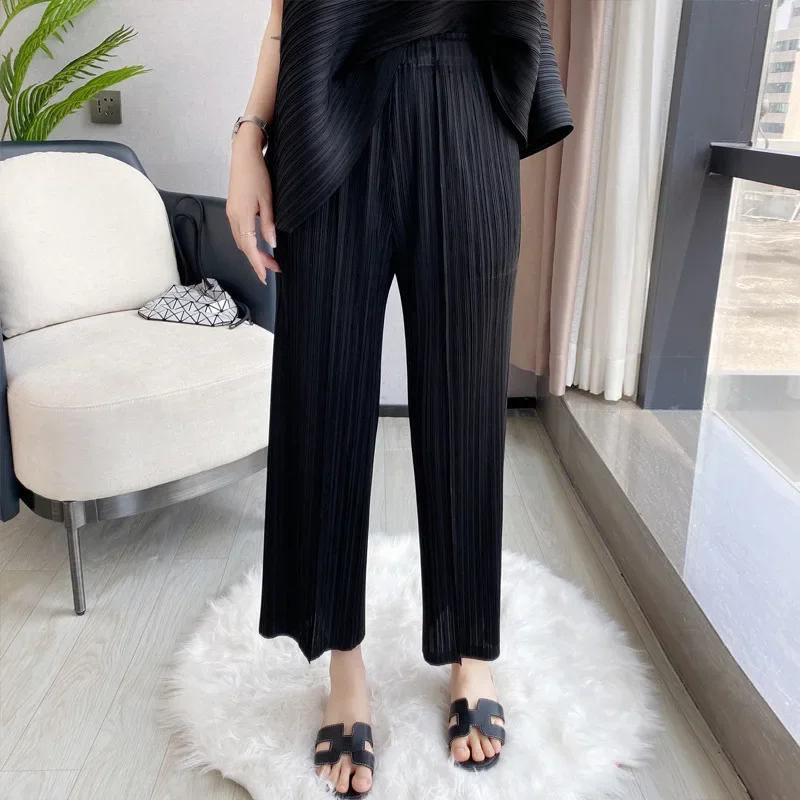 ALSEY Miyake Pleated Women\'s Summer New Thin Section Casual Wide-leg Pants Slim High-waisted Draping Straight Radish Harem Pants