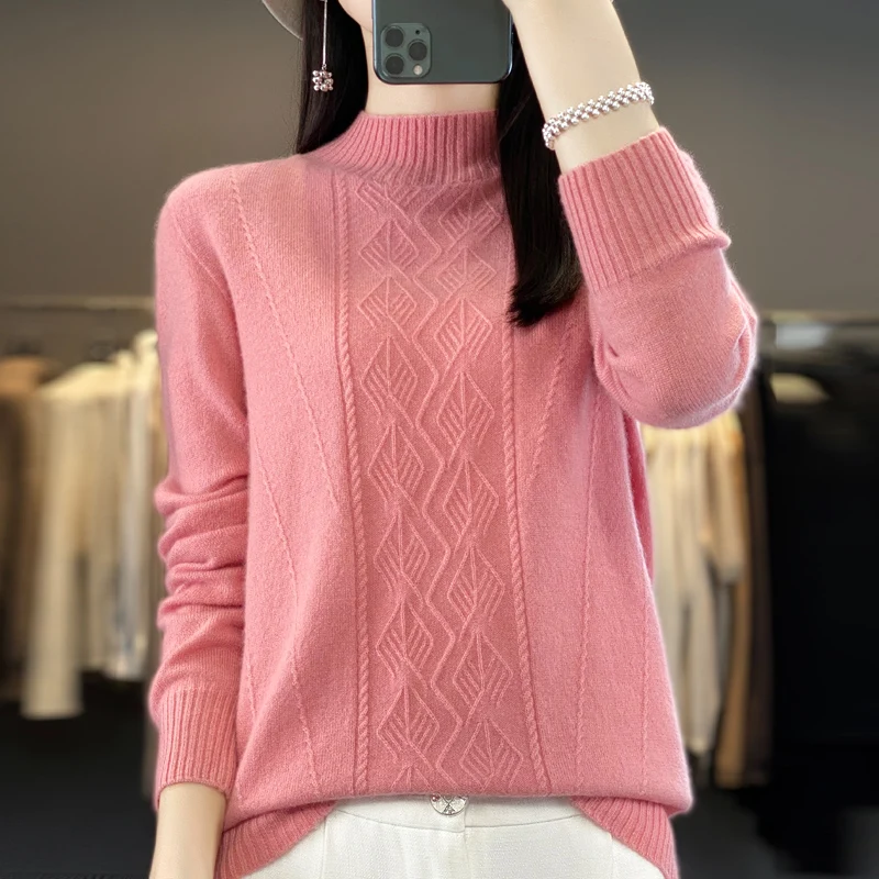 Fall/Winter 2024 New Fashion Women's Half Turtleneck Sweater 100% Merino Wool Jacquard Sweater Fall/Winter Thick Warm Knitwear