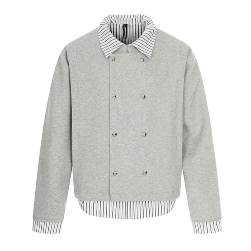MWJLPWQ Striped Shirt Faux Two-Piece Design Spliced Men Spring Trendy Casual Versatile Top For Couples 2026 Spring Autumn 17025