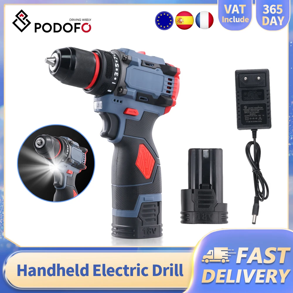 Taladro Inalámbrico Podofo 70 N.m, Destornillador Eléctrico, 1500 RPM, Multifunción, Recargable, para Bricolaje, Hogar e Industria