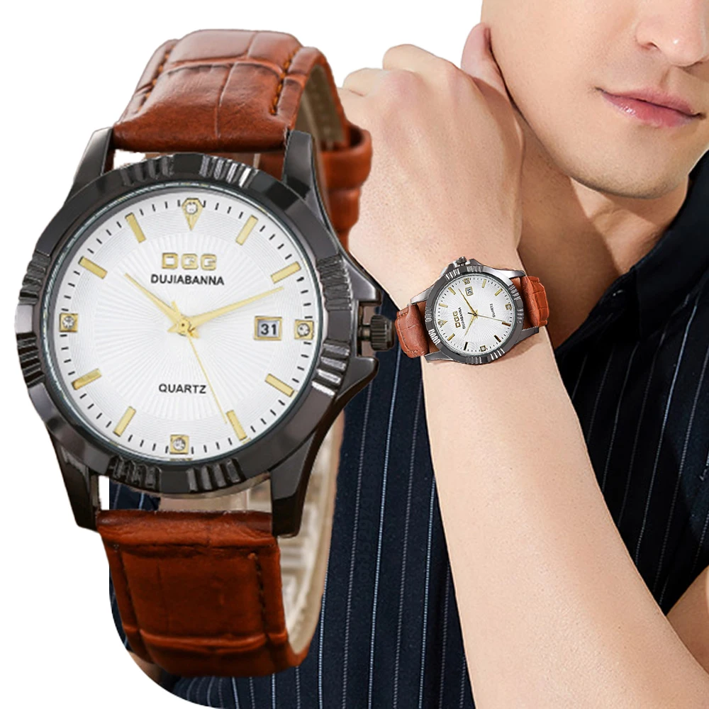 Fashion DQG Brand Men Watches Simple vintage Scale Calendar Mens Quartz Watch Luxury Brown Leather Dress Wristwatches Clock