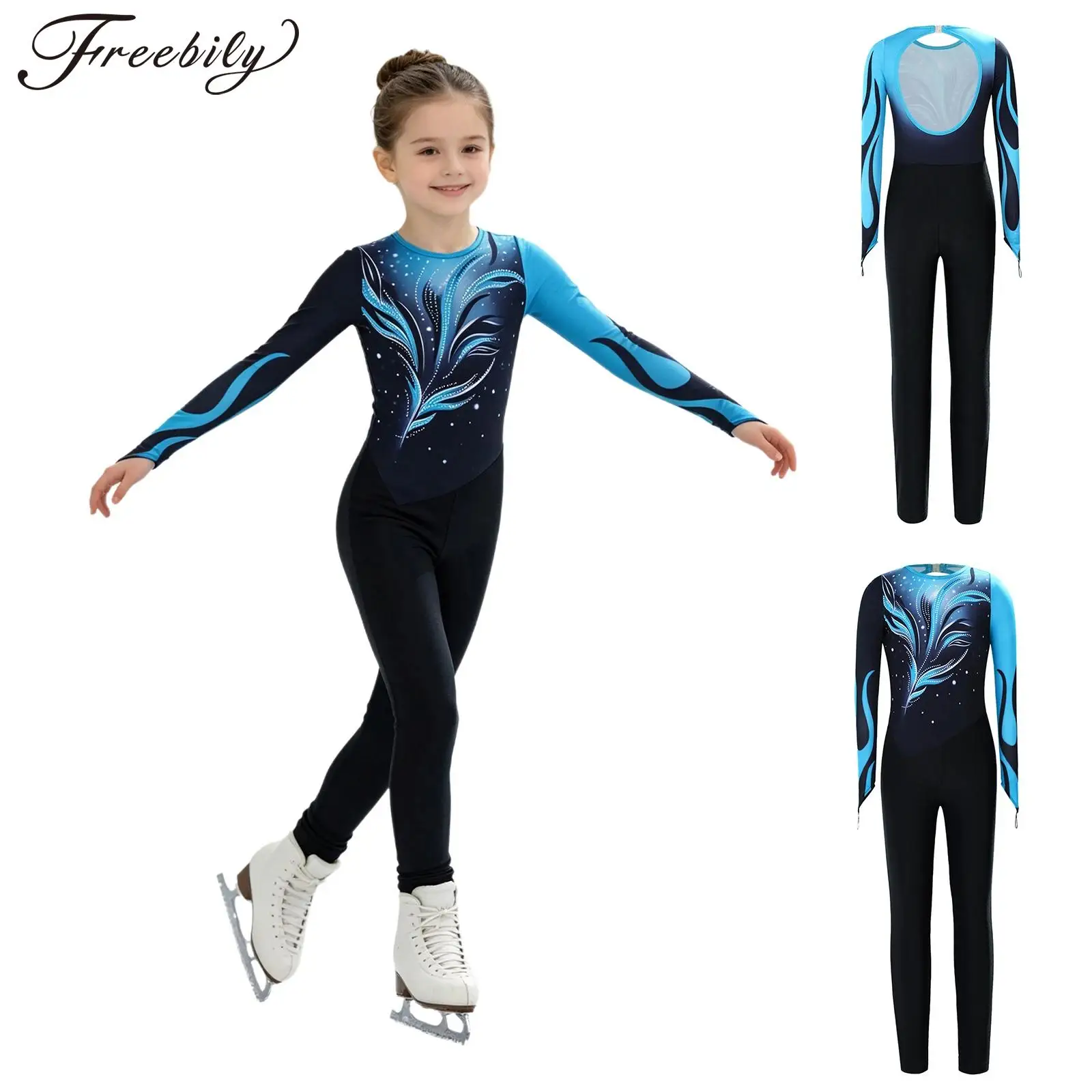 Kid Girl Gymnastics Leotard Contrast Color Printed Long Sleeves Full Body Jumpsuit Ballet Dance Figure Skating Acrobatic Costume