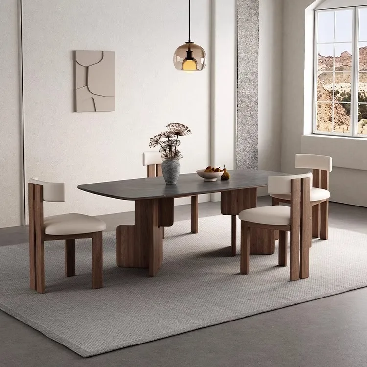 

Medieval rock slab rectangular dining table French small apartment minimalist solid wood home dining table retro designer wooden