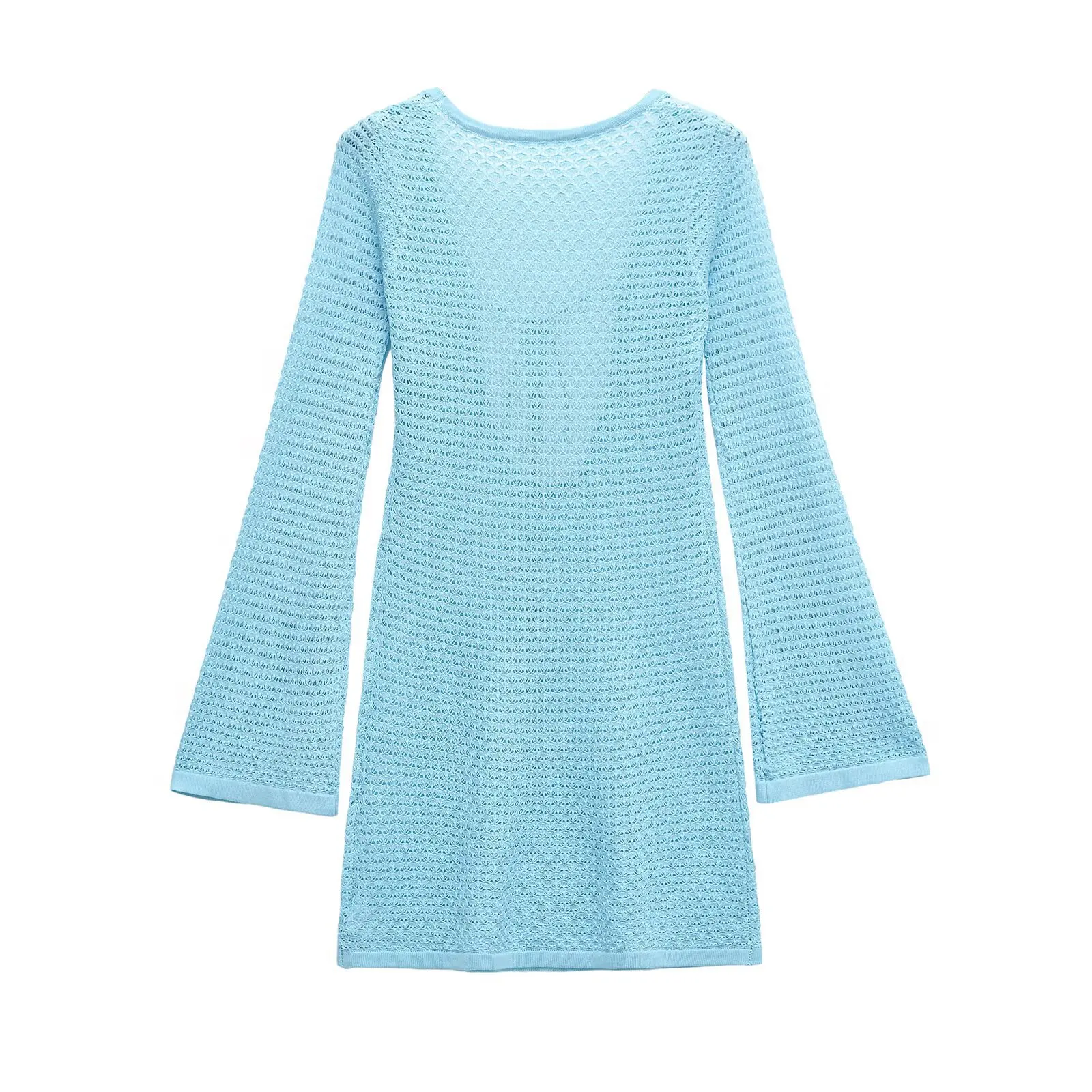 Woman's Knitted Long Shirt Lace-up Round Neck Hollow Long Sleeve Solid Color Loose Blouse Summer New Vacation Female Top