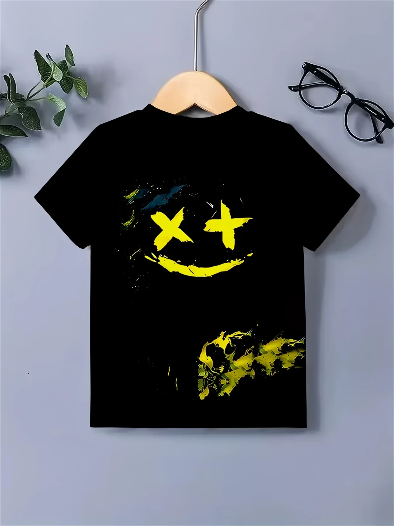 Fun 3D Printed Smiley Face Pattern Kids Fashionable Casual Round Neck Comfortable Breathable Parent-child Summer Hip-hop T-shirt