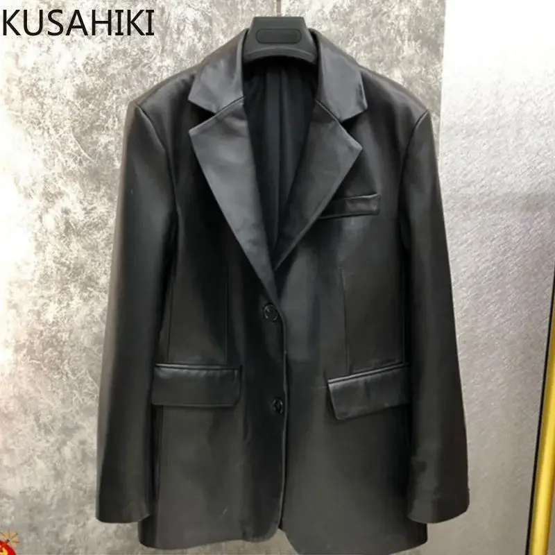 KUSAHIKI PU Leather Medium-long Causal Tailored Coat 2023 Autumn New Turn-down Collar Jackets Causal Fashion Elegant Blazer Coat