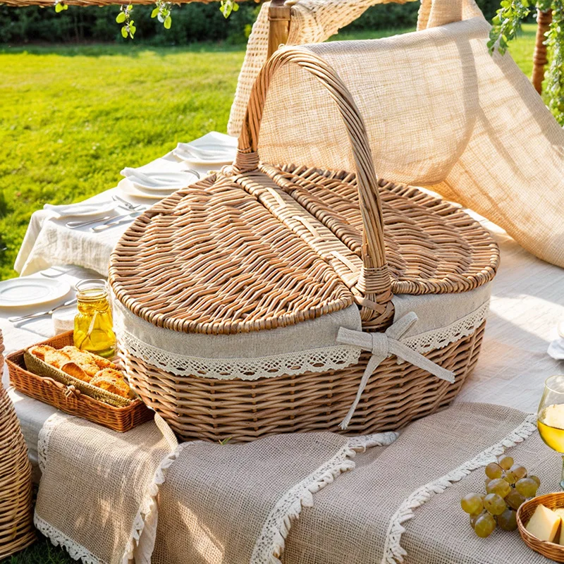 

Ins Style Willow Woven Shopping Basket with Lid and Insulation for Picnic/Outdoor Use