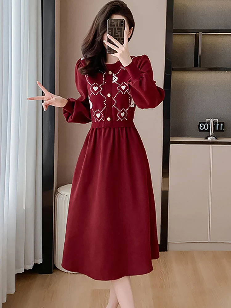 2024 Red Elegant and Pretty Women's Dress Autumn Winter Knitted Print Thic Warm Sweater Dress Korean Elegant Bodcyon Ladies Robe