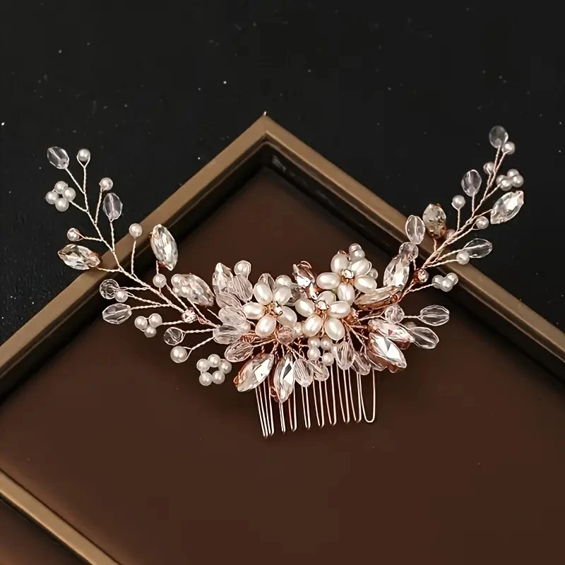 1pc Crystal Rhinestone Pearl Hair Comb Headpiece Sweet Romantic Ladies Bride Party Wedding Jewelry Hair Clip Hair Accessories