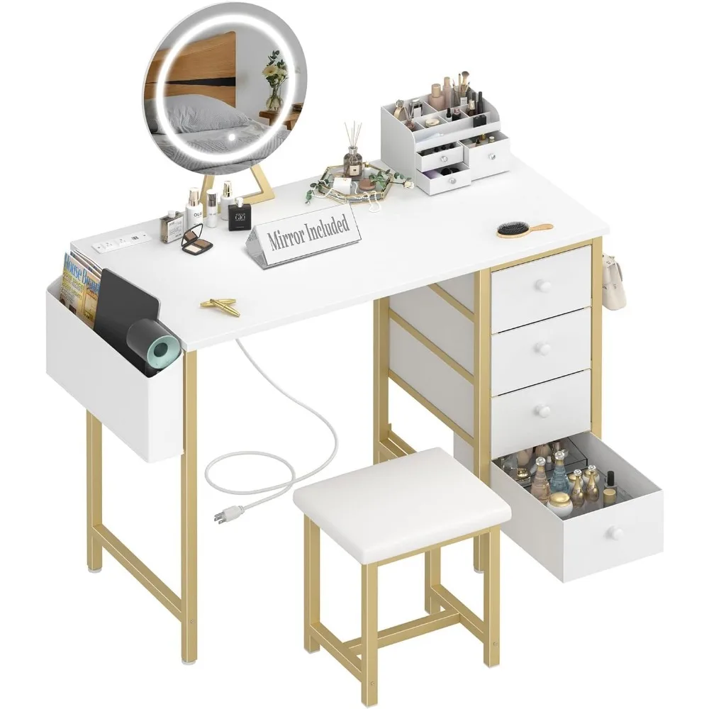 

Vanity Desk with Mirror, Lights, Storage & Charging Station - Modern Makeup Table for Girls Bedroom