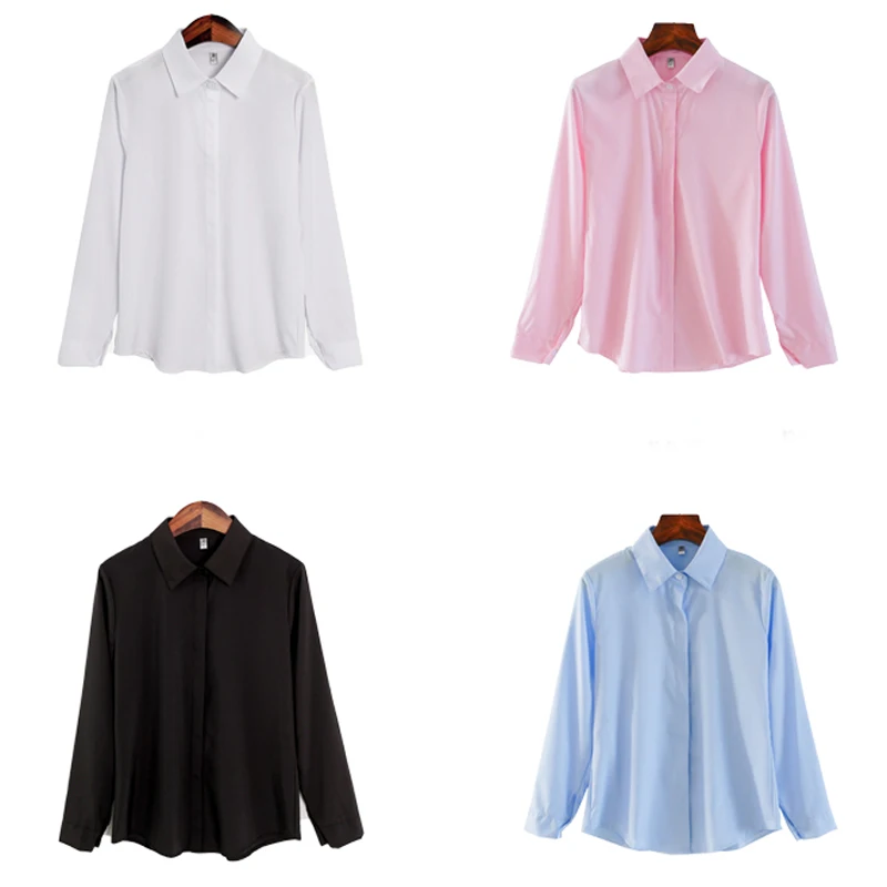 Basic Button Up Shirt for Women,Long Sleeve Blouse for Office Lady,Korean Fashion, Work Wear,Plus Size Chiffon Tops,White Spring