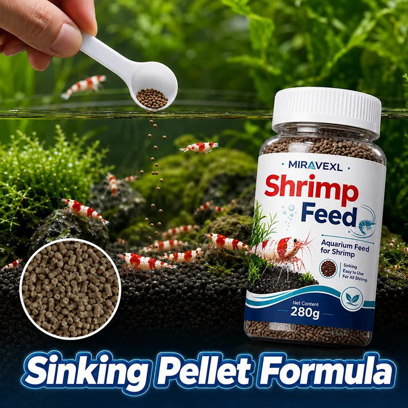 Shrimp Feed Sinking Pellets for Aquarium Fish Tank, Freshwater Shrimp Food with Scoop Spoon, Easy Feeding for Cherry Neon Shrimp
