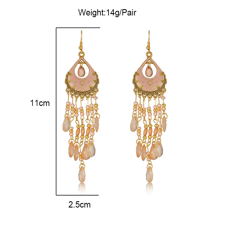 Bohemian Ethnische Lange Antik Gold Farbe Emaille Wasser Tropfen Ohrringe für Frauen Bunte Reis Perle Quaste Ohrring Pendientes Mujer – Detail 1