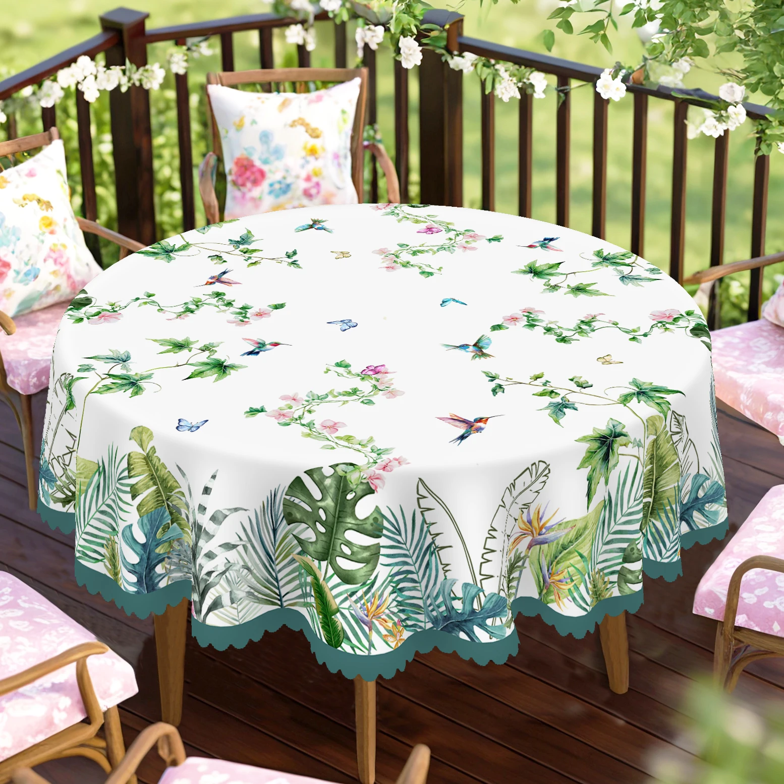 1 Piece of Summer-Themed Round and Rectangular Tablecloth, Available in Various Sizes, with Hawaiian Tropical Palm Leaf Print Pattern, Butterflies and Hummingbirds, for Spring and Summer, Suitable for Country Cottages, Kitchens, and Parties