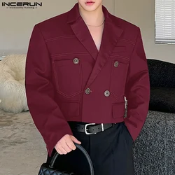 Handsome New Mens Tops INCERUN 2024 Casual Solid All-match Line Cropped Design Suit Stylish Male Loose Long Sleeved Blazer S-5XL