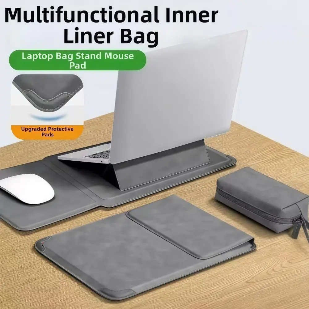 3in1 Laptop Stand Mouse Pad Bag Shockproof 13 14 15 15.6 16Inch Laptop Sleeve Case PU Leather Waterproof Notebook Stand Bag