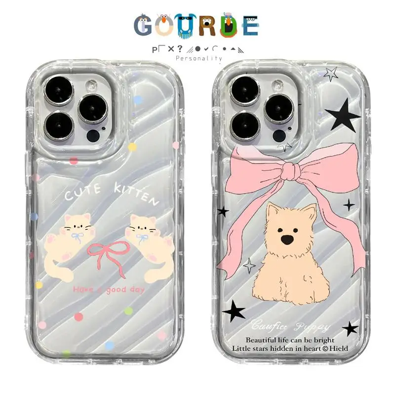 

Gourde Cute KITTEN Ribbon Bow Cartoon Puppy Soft Phone Case For iPhone 16 15 14 13 12 Pro Max XR XsMAX Shockproof Bumper Cover