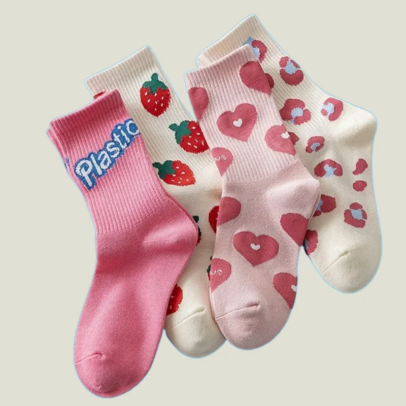 

4/8 Pairs New Women's Fashionable All-match Cute Middle-tube Socks Comfortable Spring Autumn Pink Letter Love Strawberry Socks