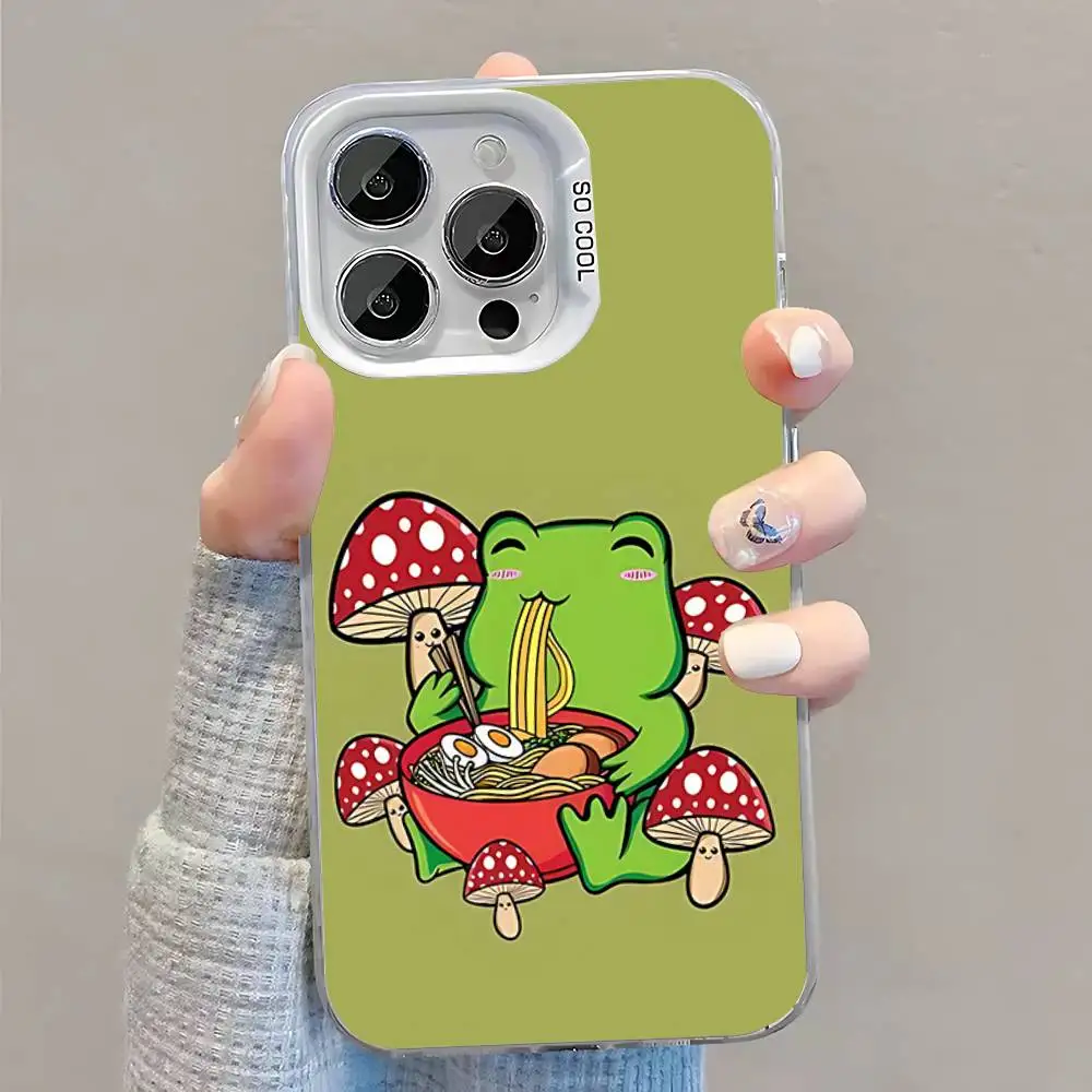 Mint Green The Frog Mushroom Phone Case For iPhone 16,15,14,13,12,11,Pro,XS,Max,Plus,Mini,SE White Candy Matte Shockproof Cover