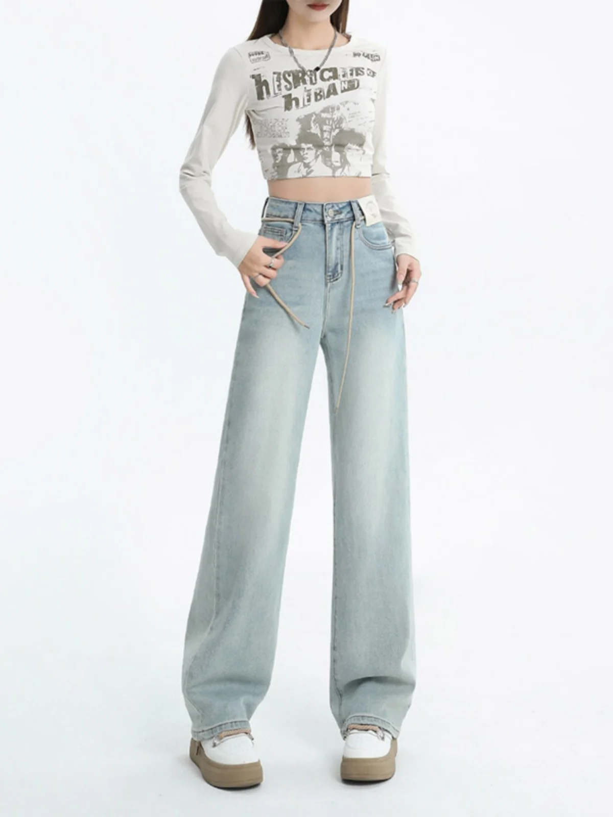 Hohe Taille, weites Bein, Jeans für Damen, vielseitig, locker, schlankmachend, gerade geschnitten, Frühling, Sommer, Neuankömmling, Retro, bodenlang, Sl...