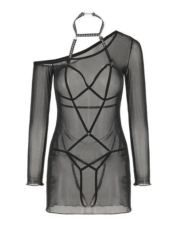 Sexy Lingerie Open Crotch Tops Hot Luxury Sheer Mesh Nightdress Set Dress Elegant Mesh Lace Sheer Sexy Women Dress 5L63