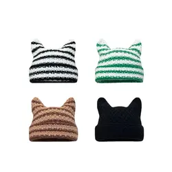 Japanese Beanie Hat Ins Little Devil Striped Knitted Wool Cap Autumn and Winter Cute Cat Ears Pointed Pullover Womens