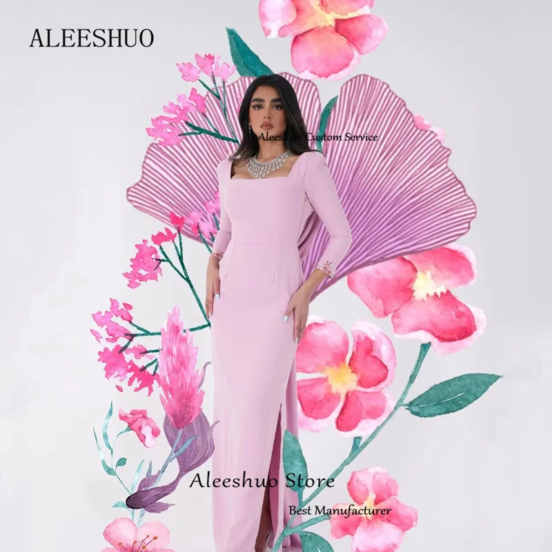 Aleeshuo-Cetim Moderno Vestidos de Baile Longo, Manga Comprida, Colarinho Quadrado, Pregas Sem Encosto Beading, Vestidos De Noite De Cristal, Fenda Lateral Formal