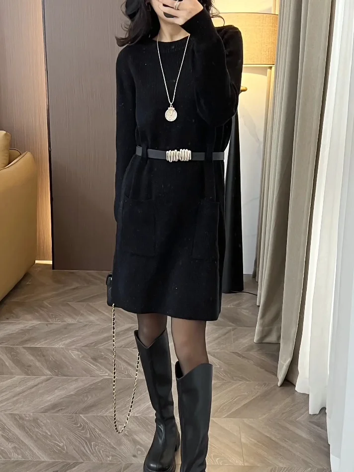 

Вязаное платье больших размеров для женщин: повседневное, универсальное, с эффектом утяжки талии, свободного кроя, А-силуэт, миди, для всех сезонов