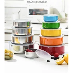5 in 1 Stainless steel fresh-keeping box five piece set, kitchen refrigerator fresh-keeping storage can, round with lid