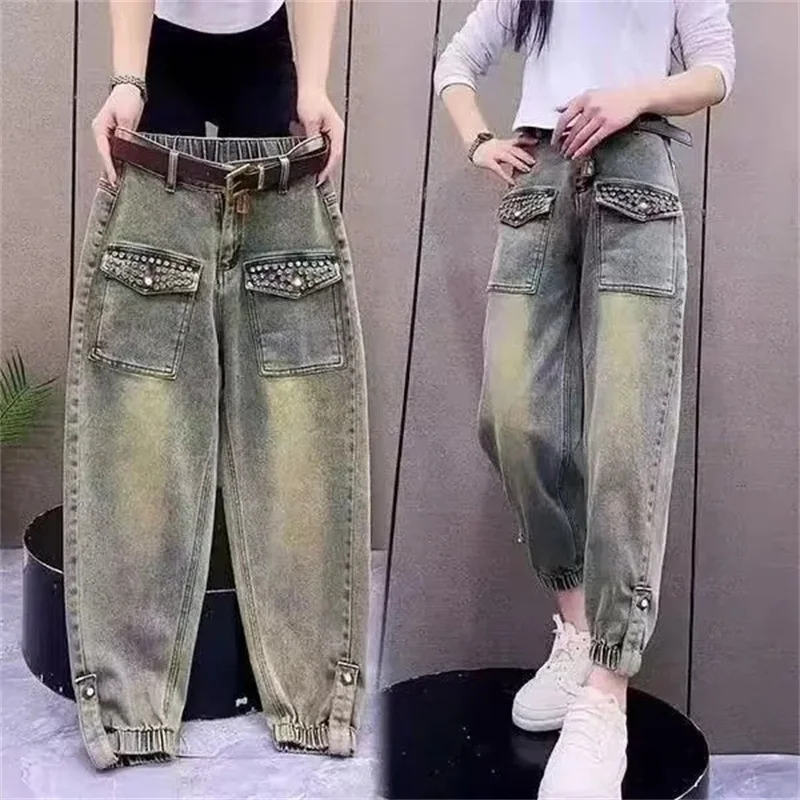 2026 Fat MM Spring/Winter New High Waist Elastic Jeans Women, Elastic Waist Harun Pants, Retro Loose and Velvet Jeans for Female