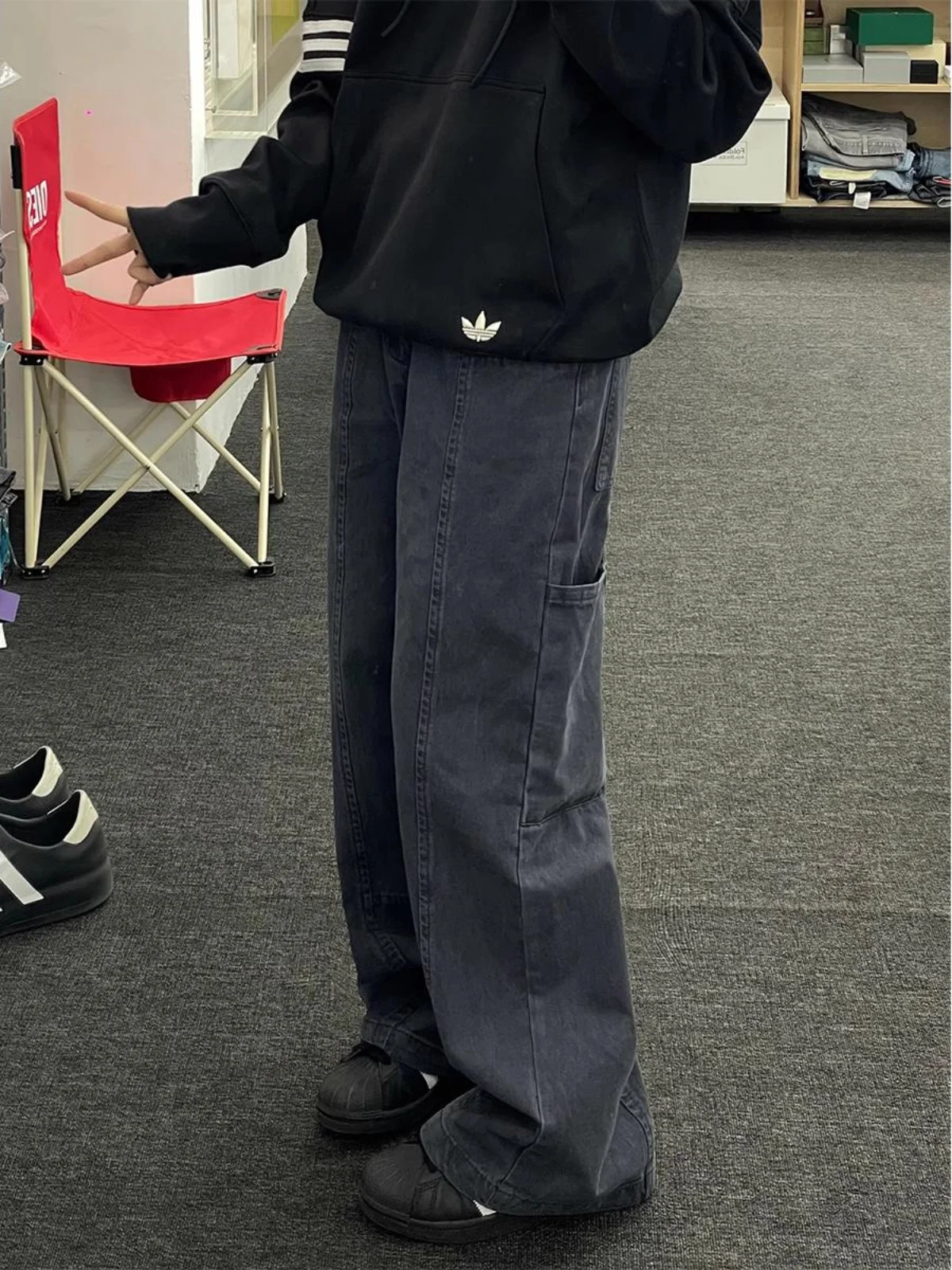 الأمريكية Waed خمر مستقيم الساق ملابس العمل السراويل الأكورديون كيت الجينز فضفاض الرجعية السراويل للرجال والنساء #1