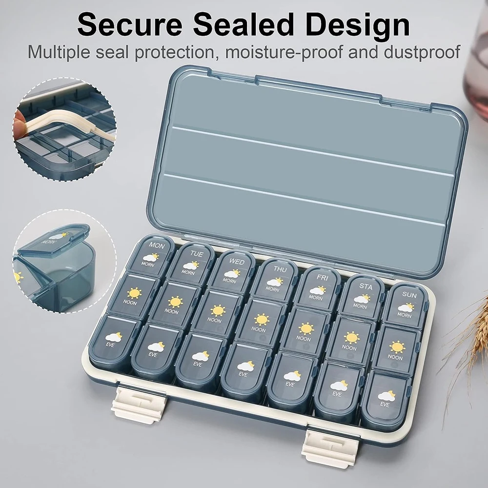 

1pcs Weekly Pill Organizer,3/4 Times a Day,7-Day Moisture-Proof Pill Box with 21/28 compartments,Capable of Accommodating