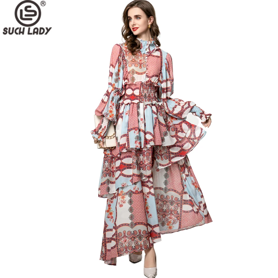 Women's Dresses Stand Collar Long Sleeves Printed Asymmetrical Elastic Waist Elegant Designer Vestidos