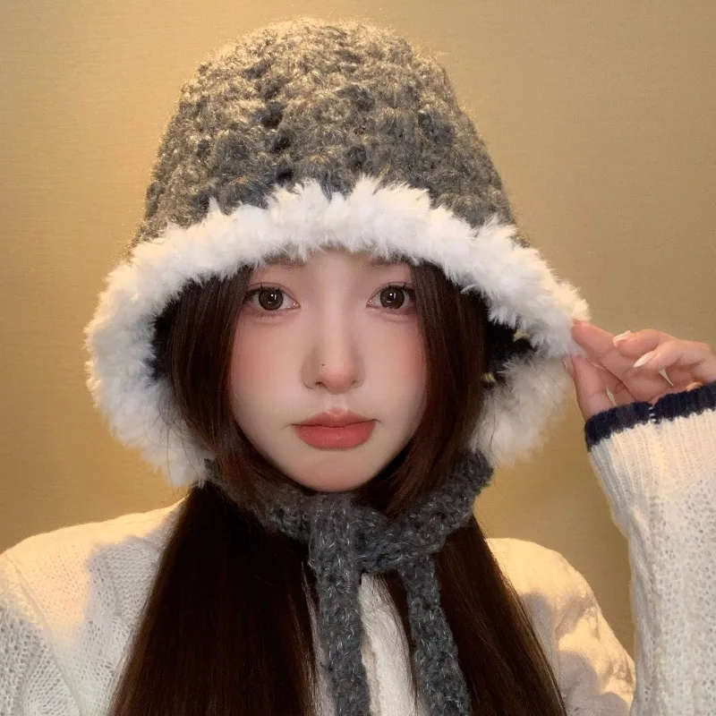 

Плюшевые вязаные шапочки с защитой ушей в стиле ретро для женщин, теплые универсальные милые пуловеры для путешествий на осень и зиму