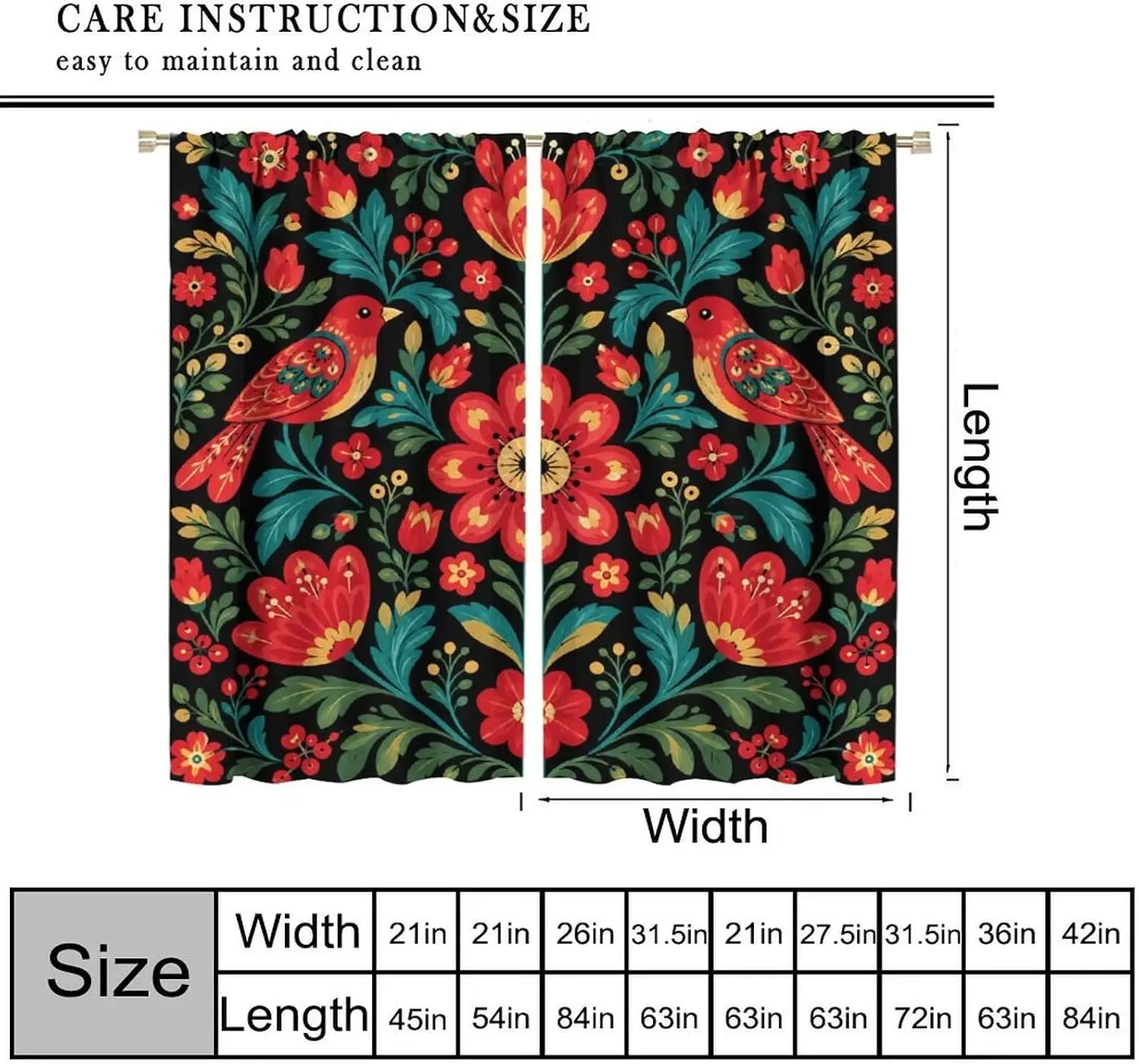 Boho Folk Curtain Panels, Bright Red Birds & Rich Flowers Classic Folk Art Print Drapes for Apartment Living Room Home Decor