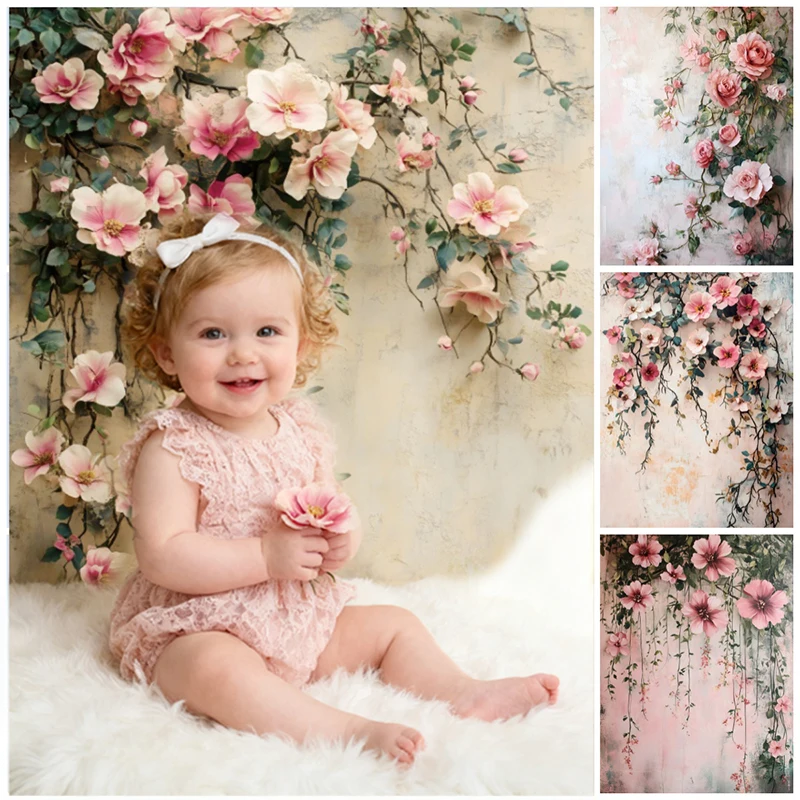 Romantic Floral Backdrop Baby Shower Pink Rose Flower Vine Pattern Newborn Kids Portrait Photography Backgrounds Studio Props