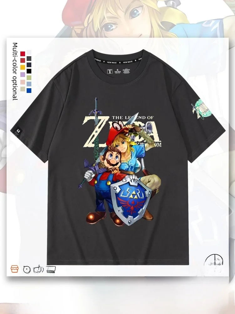 

Футболка Super Collaborative Link Game из хлопка, летняя, модная, с круглым вырезом, с мультяшным аниме-принтом, свободного кроя