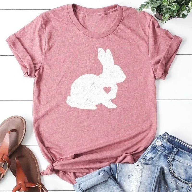 Rabbit Bunny Print T Shirt Women Short Sleeve O Neck Loose Tshirt Summer Women Tee Shirt Tops Camisetas Mujer