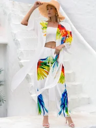 New Bohemian Dress Chiffon Bikini Cover up Kaftan White Dress Plus size Kimono Beachwear Print Tunic for Beach Swimsuit Cover up