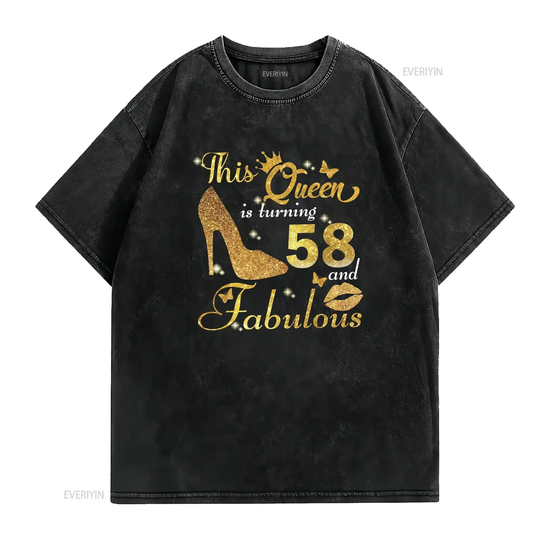 Glitter Gold 58th Birthday Queen Fabulous High Heel Crown Print Casual T Shirt vintage Washed Breathable Comfortable Versatile